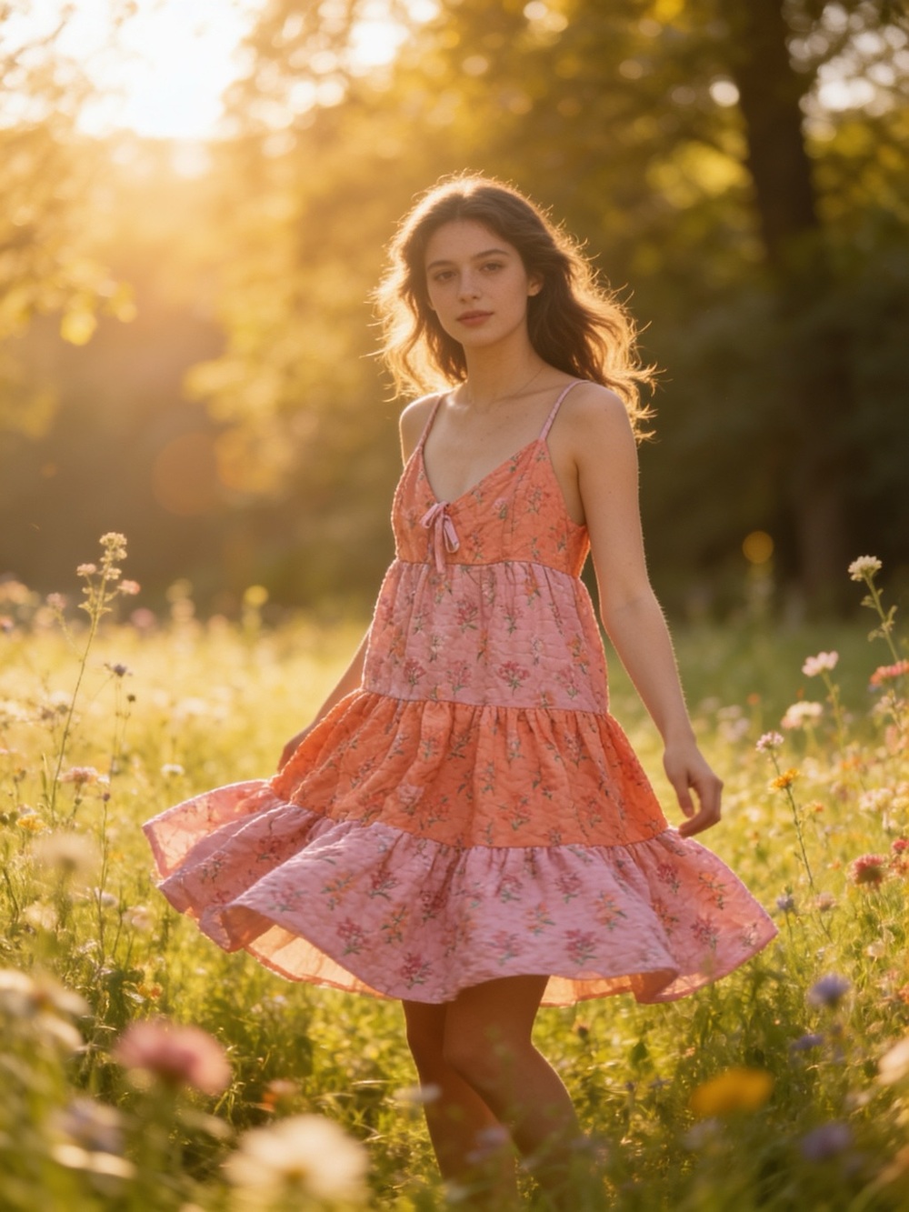 Altar'd State Pink and Coral Floral Tiered Mini Dress